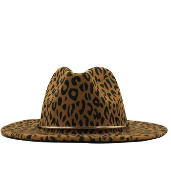 Jednoduché Unisex Plochý Okraj Vlnená Plsť Jazz Fedora Klobúky Muži Ženy Leopard Zrna Kožené Kapela Dekor Plstený Klobúk Panama Formálne Čiapky