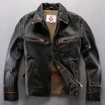 Vintage originálne kožené bundy mužov čierna kožená bunda na motocykel mužov reálne cowskin kožený kabát pre mužov real skin vietor bunda