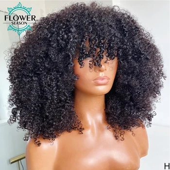 200 Hustota Kinky Afro Kučeravé Ľudské Vlasy Parochňa S Ofinou Celý Stroj Vyrobený Pokožku hlavy Hore Parochne Peruánskej Remy pre Ženy FlowerSeason