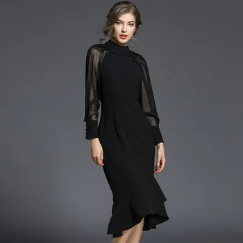 Willstage Oka Čierne Ženy Šifón Šaty Vintage 2019 Jar Jeseň Nové Módne Dlhé Rukávy Žena Elegantné Polovici Teľa Šaty