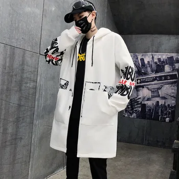Zimné Slim Dlho Zákopy Srsti Mužov List Tlač Vojenskom Štýle S Kapucňou Kabát Čierny Hip Hop Streetwear Jeseň Kórejský Mens Bunda