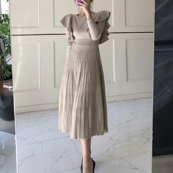 Jeseň Skladaný Pletené Šaty Midi Kolo Krku Kawai Prehrabať Dlhý Rukáv Zimné Knitwear Svetre Ženy Kórejský Streetwear