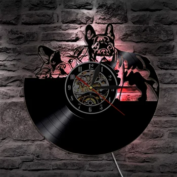 Sad Psov Siluetu Vinyl Nástenné Hodiny francúzsky Buldog LP Atmosféru Lampa LED Osvetlenie Podsvietenie Darček Pre Milovník Psov