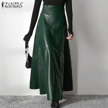 5XL ZANZEA dámske Sukne Zips PU Fashion Vysoký Pás A-line Sukne Office Dámy 2021 Jar Bežné Pevné Dno Femme Nadrozmerná