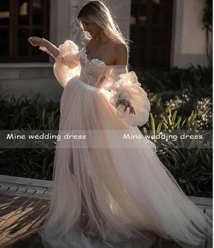 Milú, Slonovinová Farba Appliques Záhybov Bublina Rukáv Tylu Riadok Boho Svadobné Šaty 2020 vestidos de novia