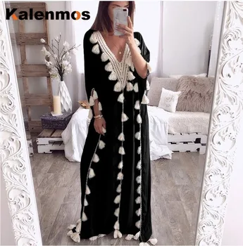 Dubaj Turecko Moslimskou Abaya Šaty Žien Boho Lete Strapec Marocký Kaftan Sundress Islamské Oblečenie Plus Veľkosť Ropa Dlhé Šaty