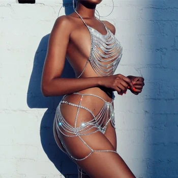 2020 Lesk Kryštál Diamantu Reťazca Celebrity Dve Dielny Set Na Špagety Popruh Luxusné Plodín Top Zakryť Bikini Pevné Strapec Sukne