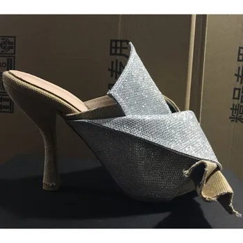 Sequined Motýľ Uzol Tkaných Femme Otvorené Prst Podivné Vysokom Podpätku Topánky Ženu Sexy Gladiator Sandále