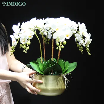 INDIGO - Biela Orchidea (7pcs Orchidea+5 ks Listov+Pot) DIY Kvet Dohoda Skutočný Dotyk Kvetu Office Dekorácie Prípade Vrchol