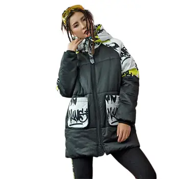 Zimná Bunda S Kapucňou Ženy Voľné Parkas Ulici Harajuku Hip Hop Osobnosť Ženy Teplý Kabát Text Vytlačený Vrecku Bundy Outwear