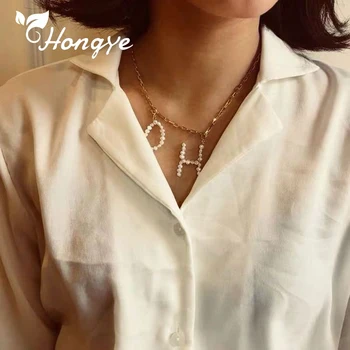 Hongye Zbrusu Nový Ženy Prívesok Náhrdelníky Počiatočné Písmeno A-Z Pearl Kúzlo Módne Šperky Zlaté Krku Reťaz Barokový Prírodné Perly