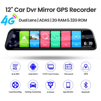 E-AC D14 12 Palcový 4G Android Spätnom Zrkadle Auta 1080P DVR GPS, WIFI ADAS Dash Cam Duálny Objektív Záznamník Auto Fotoaparát Registrátor Dvr