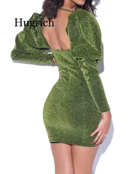 2020 Nové Jarné Dlhý Rukáv, Zelená Lesk Šaty, Sexy Dekoltu Úsek Bling Oblečenie Celebrity Strany Lístkového Ramenný Mini Šaty