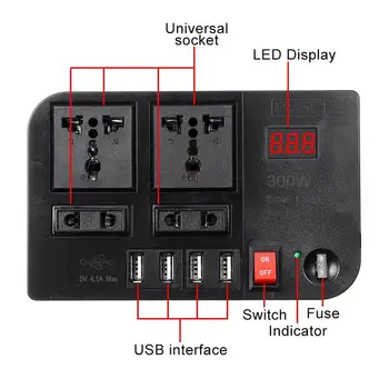 LED Displej 4 USB Invertor 300W DC12V na AC220V Napätia Transformátor Modifikovaná Sínusová Vlna Menič DC12V na AC220V Konvertor