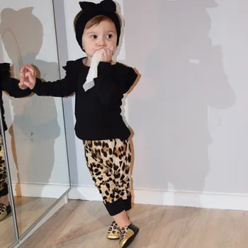 2020 Nové Jeseň Novorodenca Toddlerb Dieťa Dievča Oblečenie Bavlna Dlhým rukávom T-shirt+Leopard Nohavice 2 Ks Dojčenské Oblečenie Set sa