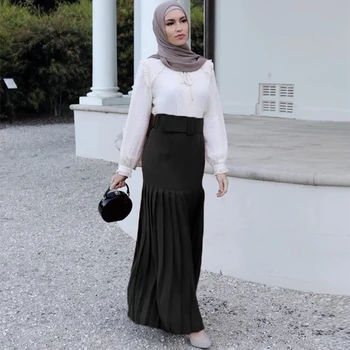 Elegantné Moslimských Pokrčené Abaya Skladaná Sukňa Ženy Big Swing Islamskej Prehodil Maxi Sukne Marocký turecké Oblečenie Elbise s Pásom