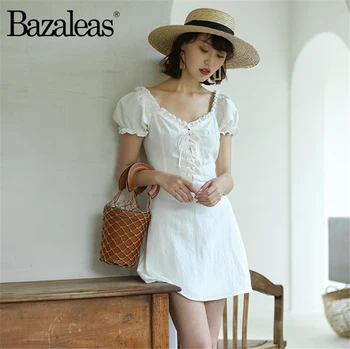 Bazaleas Vintage Centrum Predné Väzby letné Šaty zazipovaný späť mini šaty Volánikmi Lístkového Rukáv Ženy Šaty Námestie Krku vestido