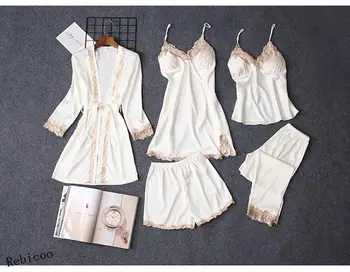 Nový Dizajn Sleepwear Ženy Sexy Pijama Lete Faux Hodváb Pyžamá Pre Ženy 5 Ks Pyžamo Vyhovovali Domáce Oblečenie