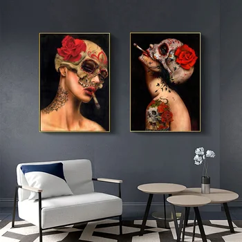 Moderné Plagát Abstraktné Sexy Fajčenie Nahé Lebky Dievča s Kvetom Tetovanie Plátno, Maľovanie obrazov na Stenu pre Bar,Office Home Decor