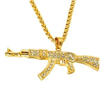 Nový produkt hot predaj nerezovej ocele zlata plné zirkón AK47 puška prívesok náhrdelník cool fashion hip hop titánové ocele náhrdelník j