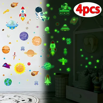 4Pcs Vesmíru Fluorescenčné Nálepky Svietiť v Tme Stenu Planét Samolepky na Stenu Vymeniteľné Dekorácie pre Deti Spálne