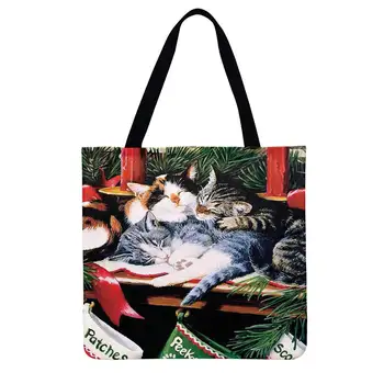 Skladacia Nákupná Taška Vianočný Darček Pastoračnej Mačka Tlače Tote Taška Pre Ženy Bežné Dámy Tote Taška Cez Rameno Vonkajšie Plážové Tašky