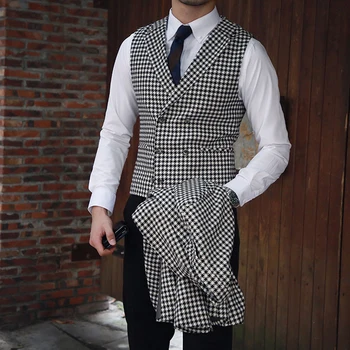 Pánske Houndstooth Sako Vyhovuje Houndstooth Jaket pre Svadobné Obleky Formálne Tweed Tuxedos Zákazku Muž Vyhovuje Bunda+nohavice+vesta