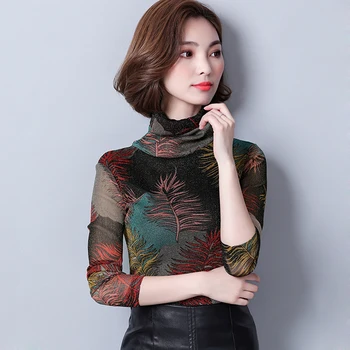 Tlač Na Kvetinový Tričko Oka Turtleneck Vintage, Blúzky Dlhý Rukáv Dámske Topy 2020 Jeseň Slim Kórejskej Ženy Košele Camisas Femininas