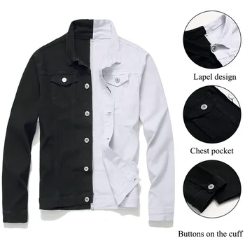 Muži Streetwear Čierna biela Dva-tón Patchwork Slim Fit Jean Bundy na motocykel muž Hip hop Bavlna Bežné Džínsové Bundy kabáty