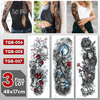 3 ks/veľa Veľké Rameno Rukáv Tetovanie Lebky Rose Nepremokavé Dočasné Tatto Nálepky Bojovník Body Art Full Falošné Tetovanie Ženy Muži
