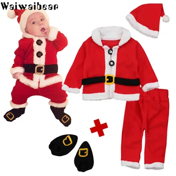 Novorodenca Chlapci Dievčatá Vianočné Santa Oblečenie set Dieťa Dieťa 4PCS Vianočné Topy, Nohavice, Klobúk Ponožky Oblečenie Set Kostým