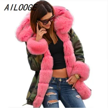 AILOOGE Pribrala Umelú Kožušinu Kamufláž Hot Pink Vetrovka Ženy Zimná Bunda s Kapucňou Dlhý Kabát NÁM Plus Veľkosť S M L XL XXL 3XL