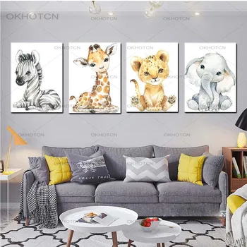 Nordic Jednoduché Cartoon Zviera Tlače Plátno Na Maľovanie Roztomilý Zebra, Žirafa, Lev, Slon Plagát Deti Miestnosti Wall Art Decor Obrázky