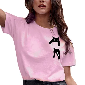 2020 Ženy, Mačka Tlače T-shirt Voľné Krátky Rukáv Bežné Jednoduché O-Krku Topy Jar Jeseň Streetwear blusas femininas deverão