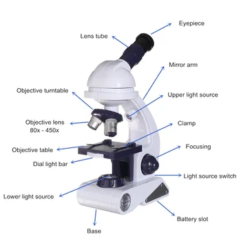 80x-450x Mikroskop Kit Set Vedy Lab LED Biologický Mikroskop zväčšovacie sklo Školské Vzdelávacie Hračky pre Deti, Optické Prístroje