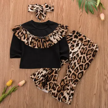 Novorodenca Nastaviť Detí Dievča Volánikmi Top T-shirt Nohavice Party Oblečenie Nastaviť Leopard Tlač Oblečenie 3KS