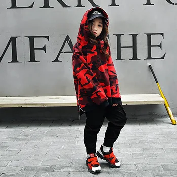 100-180 cm Chlapci Dievčatá Unisex Červené Kamufláž Hiphop hoodies Osamelý Rukáv Deti Fáze Performa Jazz Dance Oblečenie, Streetwear