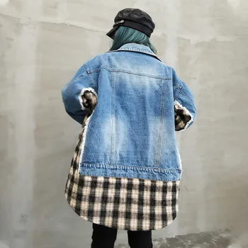 LANMREM voľné nadrozmerná kabát žien jeseň zima nové bavlna pribrala Koberčeky patchwork modrá denim jacket pre ženy móda A1571