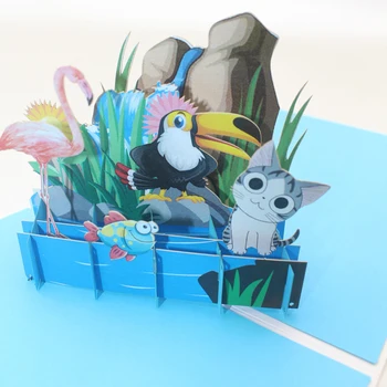 3D Ručne Kreslené Fllamingo Mačka Rýb Horských Potokov Papier Pozvanie, Blahoželanie Pohľadnicu Priateľovi Narodeninovej Párty Darček