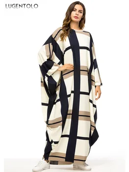 Lugentolo Ženy Maxi Šaty Plus Veľkosť Módne Voľné Bat Dlhý Rukáv Spájať Kontrast Farieb Arabských Moslimských Bežné Kolo Krku Šaty