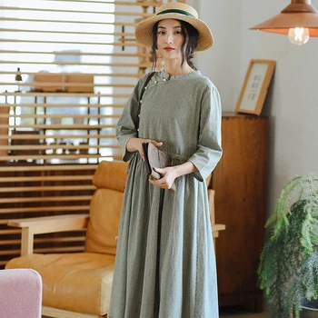 NINI DIVOV Jar Pruhované Šaty Pre Ženy Bavlna Vintage Midi Šaty 2020 Mori Girl Štýl Voľné Oblečenie Tri Štvrtiny Rukáv