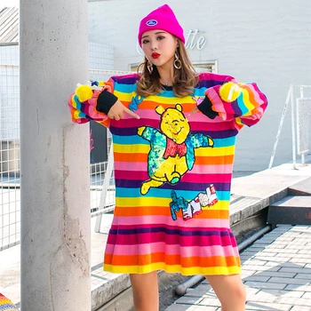 Thajsko príliv značky dámy pletené sveter zimné rainbow prekladané sequined sveter lenivý vietor sveter žena plus veľkosť šaty