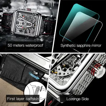 OUPINKE Automatické Hodinky Mužov Kostra Mechanické Hodinky Steampunk Sapphire Crystal Námestie Kožené Transparentné športové Náramkové hodinky