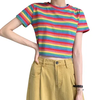 Dámske Módne Príležitostné O Krk Rainbow Prekladané Krátky Rukáv Pulóver Plodín Top T-Shirt