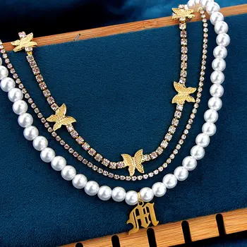 Moderné Viacvrstvové Ženy Náhrdelník Crystal Motýľ Choker Počiatočné Tenis Reťazec Písmen Chamrs Pearl Reťazca Luxusný Darček Šperky