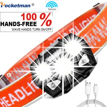 6000 lumenov LED Svetlomet Super Svetlé Snímač Pohybu Hands-free Silný Reflektor USB Nabíjateľné vedúci svetlo svetlo Nepremokavé