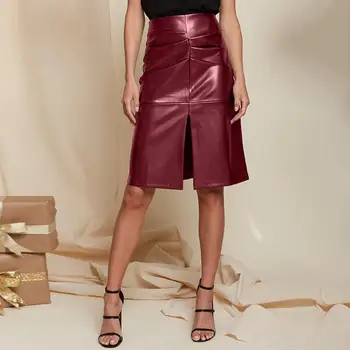 Ženy Vintage Sukne Celmia Elegantné PU Kožené Sukne 2021 Módy Sexy Vysoký Pás Bežné Skladaný Pevné Rozdelená na Zips Office Sukne