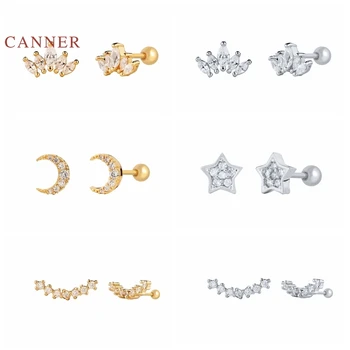 CANNER 1PC Reálne 925 Sterling Silver Šperky Pre Ženy Koruny Niť Stud Náušnice, Mesiac, Hviezdy jednoradové Zirkón Diamantové Šperky