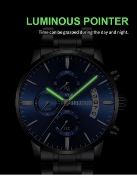Pánske luxusné Čierne oceľové náramkové hodinky mužov značky hodinky quartz muž hodiny nepremokavé nehrdzavejúcej ocele módneho priemyslu kalendár