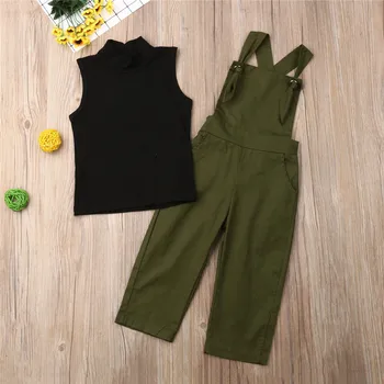 Batoľa Detský Baby Girl sleeveelss ArmyGreen Jumpsuit čierna vesta top Podväzkové Romper 2 ks celková Oblečenie Oblečenie Set